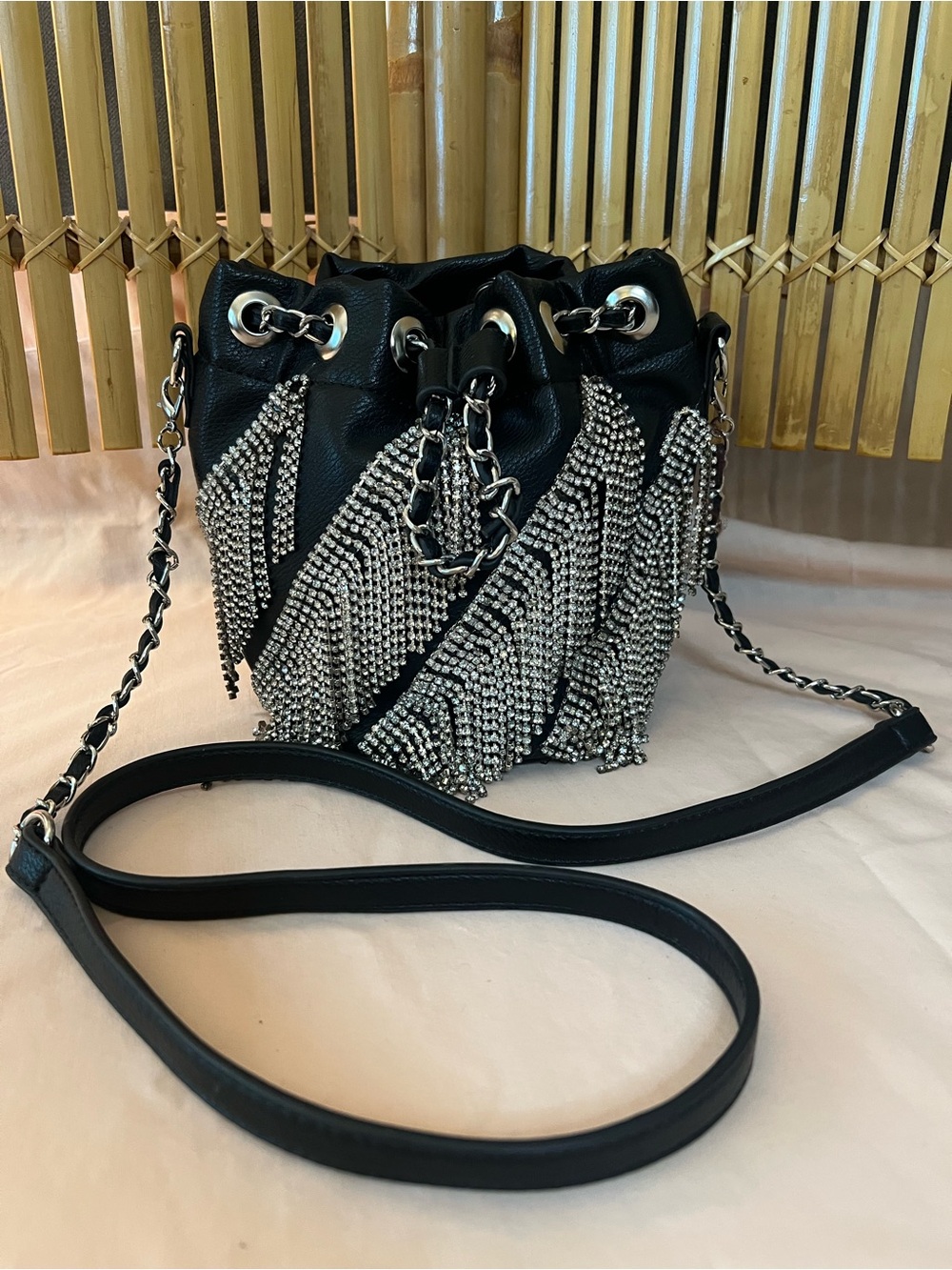 BETSEY JOHNSON Fringe Benefits Rhinestone Bucket BagBlack • Chain Strap •